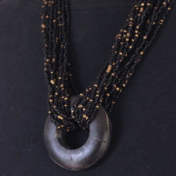 1980s boho tribal multistrand necklace beads horn black gold glass collier - Picture 9 of 11
